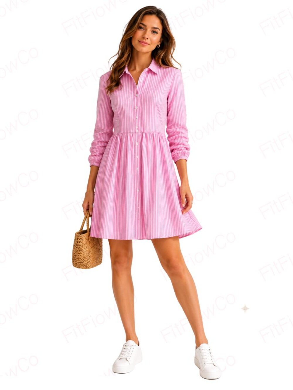 J.Crew Pink White Striped Shirt Dress Button Front Cotton Stretch Long Sleeve Si